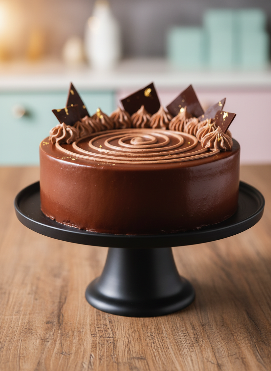 A luxurious artisanal chocolate cake displayed whole on a matte black cake stand, its sides coated in smooth dark chocolate ganache with a gentle sheen. The top is decorated with playful swirls of chocolate cream, shards of glossy tempered chocolate, and a few gold leaf accents for a touch of indulgence. The cake stand sits on a natural wood table with visible grain, against a softly blurred pastel background hinting at a cozy dessert atelier. Warm studio lighting from the upper left creates dramatic yet soft highlights on the ganache and gentle shadows beneath the stand. Photographed at eye level with a slightly tight framing, the atmosphere is elegant yet fun, emphasizing handcrafted quality and rich flavor.