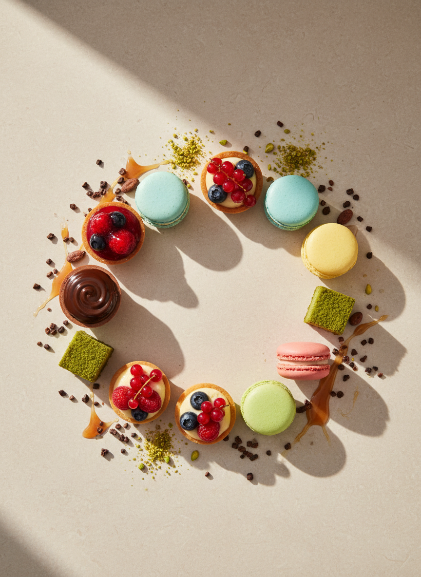 An overhead photographic view of a playful assortment of artisanal mini desserts arranged in a loose circle on a smooth, light beige stone surface. There are glossy fruit tarts topped with jewel-like berries, miniature chocolate mousse cups with shiny ganache, tiny matcha cheesecakes with precise edges, and colorful macarons with smooth shells and creamy fillings. Between the desserts, scattered cocoa nibs, pistachio crumbs, and drizzles of caramel add texture. Soft natural daylight from above and slightly to one side creates subtle, crisp shadows that emphasize shapes without being harsh. The mood is fun, abundant, and tempting, with a clean, modern composition and sharp photographic realism that feels like an irresistible dessert menu cover.