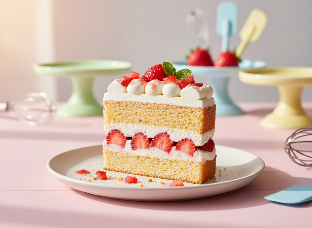 A close-up photographic shot of an elegant slice of strawberry shortcake, with perfectly even layers of fluffy vanilla sponge, silky whipped cream, and vibrant red strawberry slices glistening with glaze. The slice rests on a simple matte white dessert plate placed on a pale pink pastel tabletop. In the softly blurred background, colorful cake stands and pastel baking tools suggest a playful artisan dessert studio. Warm, diffused daylight pours in from the side, creating gentle highlights on the cream and moist cake crumbs. Captured at a slightly elevated angle with shallow depth of field, the composition feels bright, joyful, and inviting, reflecting a modern, playful pastry brand.