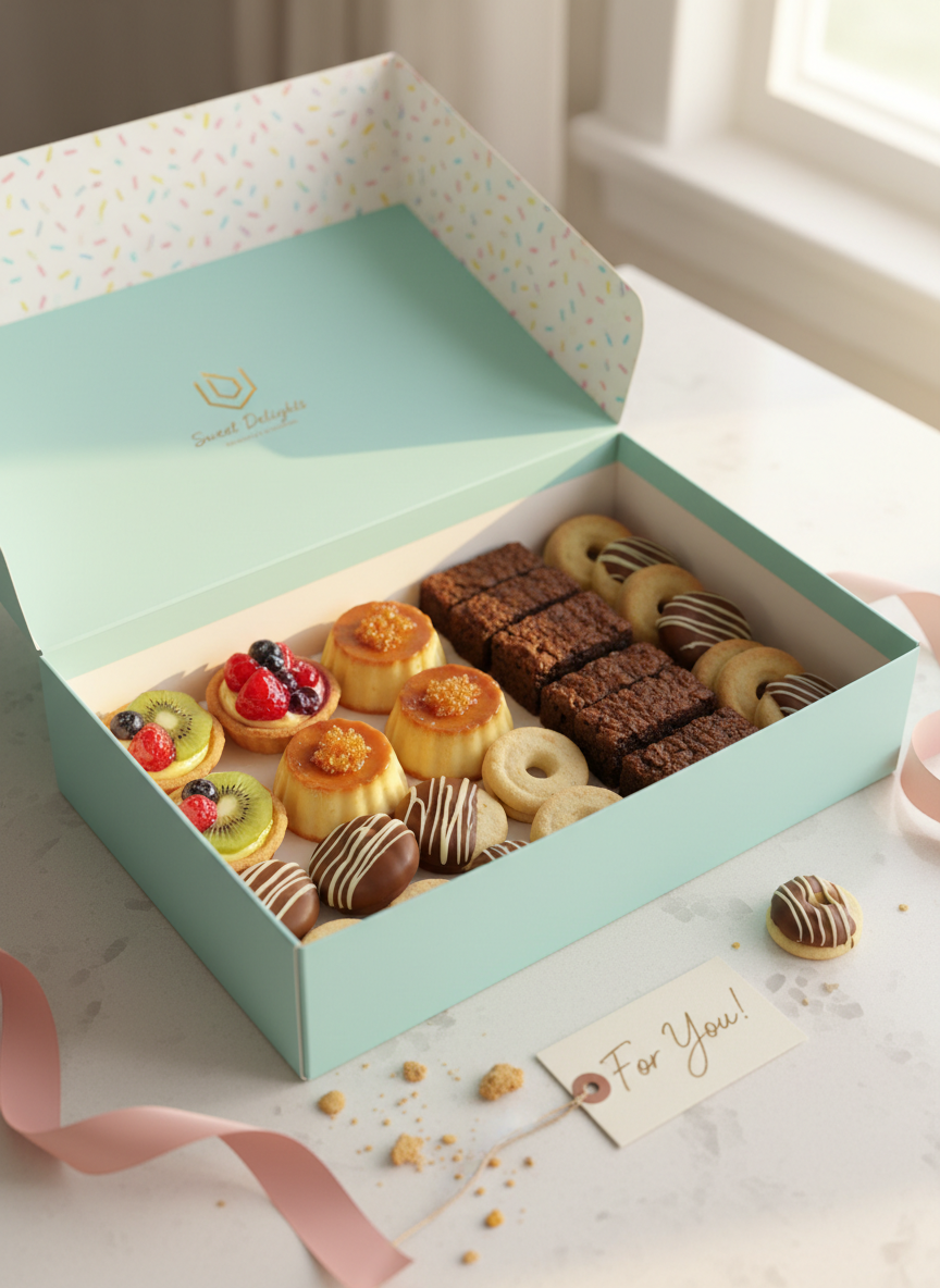 A charming pastel-colored dessert box partially opened on a white countertop, revealing a neatly arranged selection of artisanal pastries: delicate fruit tartlets, mini flans with caramel crowns, bite-size brownies with crackled tops, and dainty cookies dipped in chocolate. The box is light turquoise with a minimal, modern logo and a playful sprinkle pattern along the inside flap. Around the box, there are a few crumbs, a satin ribbon curling casually, and a small handwritten-style gift tag. Soft morning light from a nearby window bathes the scene, creating a cozy, gifting-ready mood. Captured from a three-quarter top-down angle with shallow depth of field, the photograph feels bright, celebratory, and perfect for showcasing dessert gift options.